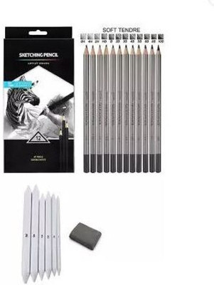 Aashwi 12 SHADES GRAPHITE SKETCH PENCIL,6 BLENDING PAPER STUMPS ,1 KNEADABLE ERASER Round, etc Shaped Color Pencils(Set of 3, Black, White)