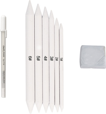 Ortan Art White Paper Stumps/ With Kneadable Eraser & 1 White Highlighter Pen 0.8mm Professional Art Sketching Shaped Color Pencils(Set of 8, White)