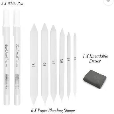 Ortan Art Blender, Eraser,2X white Highlighter Pen 0.8mm for Highlight Graphite & Sketching Drawing Shading Pencil Shaped Color Pencils(Set of 9, Black)