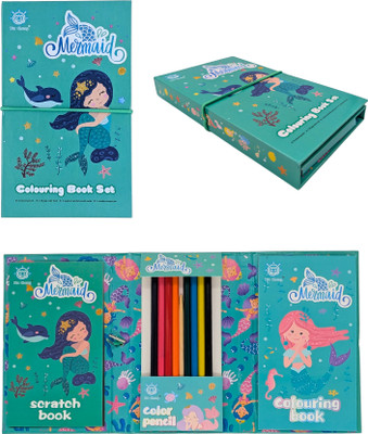 BEESLANZ 2 in 1 scratch book and coloring book(Mermaid theme) with hexagon Shaped Color Pencils(Set of 1, Multicolor)