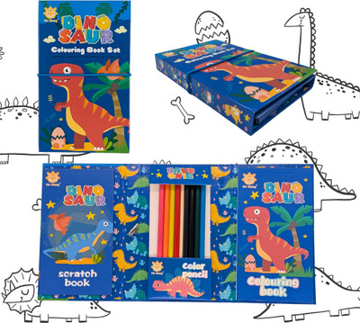 BEESLANZ 2 in 1 scratch book and coloring book(Dinosaur theme) with hexagon Shaped Color Pencils(Set of 1, Multicolor)