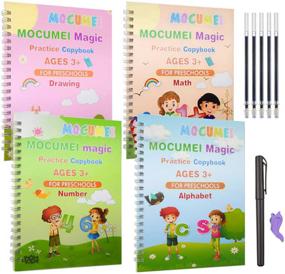 Ayogi Sank Magic Book-4 BOOKs + 10 REFILL+ 1 Pen +1 Grip NA Shaped Color Pencils(Set of 4, Multicolor)
