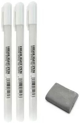 Ortan 1Eraser For Graphite & Charcoal Pencil With White Highlighter Pen0.8mm (For Highlighting & Reflecting) Shaped Color Pencils(Set of 3, Black, White)