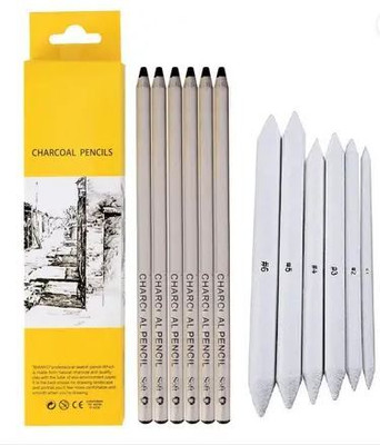 Ortan Art 6Pcs Paper Blending/Smudging Stumps + 6 Natural Charcoal Soft Dark Pencil Professional Art Sketching Shaped Color Pencils(Set of 12, Black)