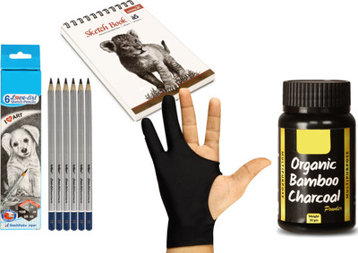 Ortan A5 Sketch Book 50 Sheet-140 GSM Charcoal Powder with Gloves,Sketch Pencils Round Shaped Color Pencils(Set of 9, Black)