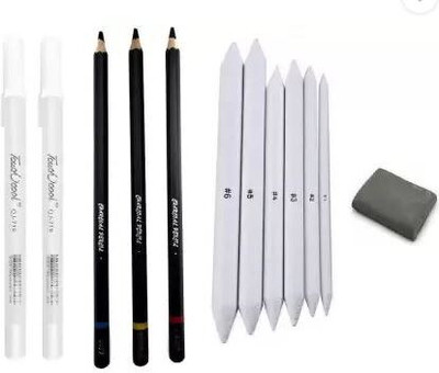 Ortan 3 X Charcoal Pencil, 2 X White Pen, 6 X Blending Stump & Kneadable Eraser Round Shaped Color Pencils(Set of 4, Black, White)