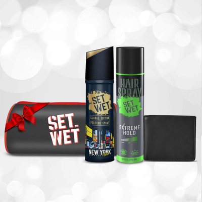SET WET Men's Styling Gift Set-Hairspray for Men, No Gas Deodorant + Mens' Wallet Deodorant Spray - For Men(320 ml, Pack of 4)