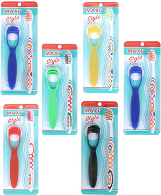 Maxi Style Soft Bristles Toothbrush with Dual action Tongue Cleaner - Oral Hygiene Kit, Perfect combo for Family, Multicolor(6 Items in the set)