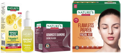 Nature's Bright Glow Vitamin C Serum (12ml)Diamond Cream Bleach (43g)Advanced Flawless Papaya Facial Kit (60g)(3 Items in the set)