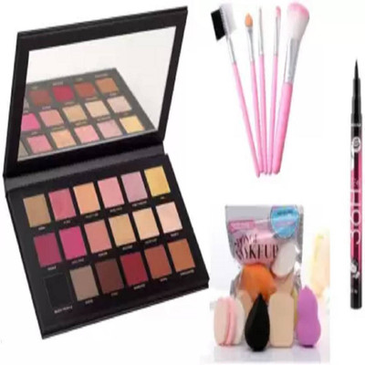 FRIPPE RoseGold EyeShadow Palette Brush Set + Now Makeup Sponges + Eyeliner Black(4 Items in the set)