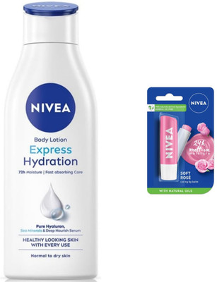 NIVEA Express Hydration 200ml lotion & Soft Rose Lipbalm Set of 2(2 Items in the set)