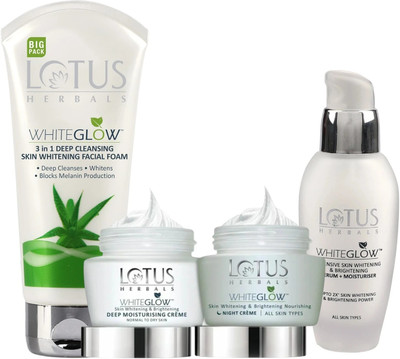 LOTUS HERBALS WhiteGlow Skin Brightening Deep Moisturising SPF 20 PA+++, NIGHT CREAM 60G, WG SERUM 30ML with WhiteGlow 3In1 Facial Foam 200g(4 Items in the set) LOTUS HERBALS WhiteGlow Skin Brightening Deep Moisturising SPF 20 PA+++, NIGHT CREAM 60G, WG SERUM 30ML with WhiteGlow 3In1 Facial Foam 200g(4 Items in the set)