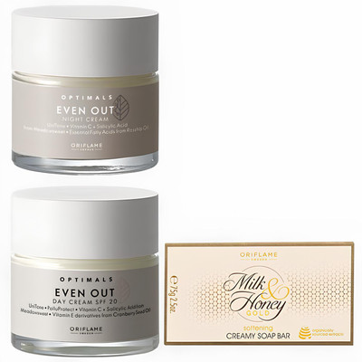 Oriflame OPTIMALS Even Out Day Cream SPF 20 50 ml with OPTIMALS Even Out Night Cream 50 ml with milk and honey soap 100 g(3 Items in the set)
