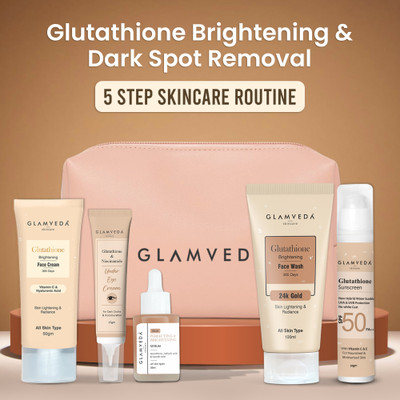 GLAMVEDA Glutathione 5 Step Routine with Pouch | Face Wash, Serum, Cream, Eye Gel & Sunscreen| Skin whitening & brightening kit|Skincare|(5 Items in the set)