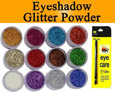 Glamezone Eye Shadow Glitter Powder Set And Nail Art Decoration 4x12= 48 g with ONE KAJAL(2 Items in the set)