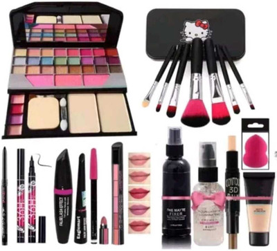mkldsrh 6155 make up kit with brushes kajal eyeliner mascara 5 in 1 lipstick 36 h eyeliner primer fixer foundation contour stick blender(18 Items in the set)