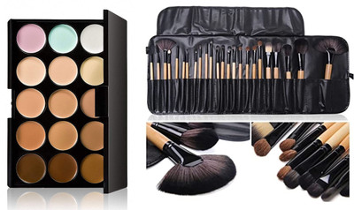 MISTY ALLE 15 shades contour highlighter pallet with 24 pc brushes with leather case(25 Items in the set)