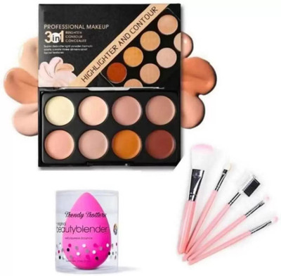 SUBHMUN Highlighter and Contour Concealer Palette (8 shades) Concealer (Multicolor, makeup brushes 5 & beauty puff(3 Items in the set)