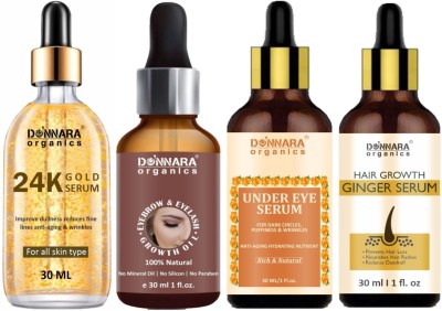 Donnara Organics 24K Gold Face Serum & Eyebrow_Eyelash Oil & Under Eye & Hair Growth Serum (Each, 30ml)(4 Items in the set)