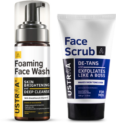 USTRAA Foaming Face Wash - For Skin Brightening - 150 ml & De Tan Face Scrub - 100 g(2 Items in the set)