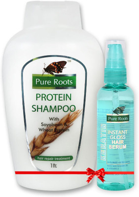 Pure Roots Protein Shampoo 1000ml with 100ml Keratin Instant Gloss Hair Serum Combo Offer(2 Items in the set)