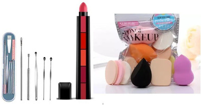 Lusty soul Fab 5 5-in-1 Lipstick & Resuable Ear Cleaner Tool Set with Storage Box With 6 in 1 Makeup Spounge Puff Set Pack Of 3(3 Items in the set)