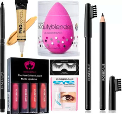 KAATO Kajal & 4 Lipsticks & Sponge Puff & Eyelash Pair Glue & 991 Yellow Concealer & Pencil Eyebrow (6 Items in the set)(6 Items in the set)