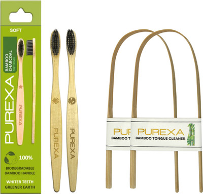 PUREXA Bamboo Toothbrush With Charcoal Infused, BPA free Grade 4 Nylon Soft Bristles Soft Toothbrush And Bamboo Tongue Cleaner(4 Items in the set)