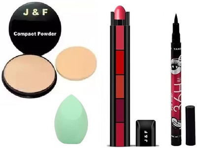 Zailie Face Compact Powder,5 in 1 Red Lipstick, Eyeliner, Blender Puff(4 Items in the set)
