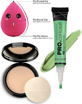 KAIASHA DAILY USE MAKEUP COMBO KIT 1 COMPACT POWDER 1 BEAUTY BLENDER 1 GREEN CONCEALER(3 Items in the set)