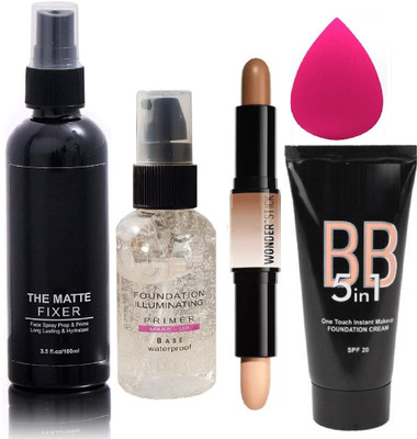 Yuency BEST MAKEUP BASE PRIMER , TUBE FOUNDATION , 2 IN 1 CONTOUR STICK , MAKEUP SETTING SPRAY WITH BEAUTY BLENDER .(5 Items in the set)
