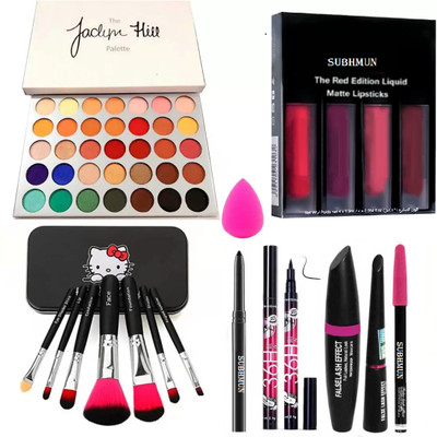 SUBHMUN Kajal & Puff & 3in1 36H Eyeliner, Jaclyn Hill Eyeshadow & 7pc Makeup Brush & 4pc LIPSTICK(19 Items in the set)