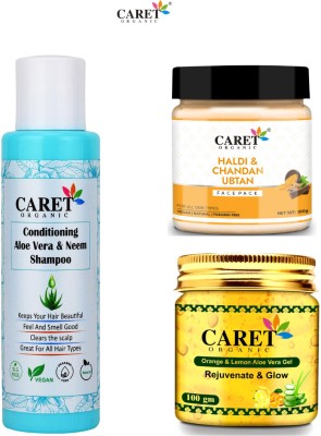 Caret Organic Aloevera & Neem Shampoo And Haldi & Chandan Ubtan Face Pack & Vitamin C Aloevera Gel(3 Items in the set)