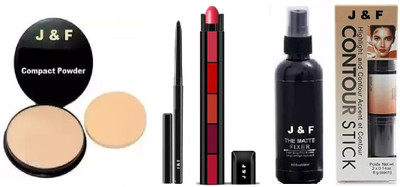 J & F Face Compact,Kajal,5 in 1 Red Lipstick, Fixer, Contour Stick(5 Items in the set)