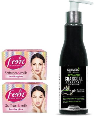 Fem SAFFRON AND MILK BLEACH 2 PC EACH 40 GM AND ACTIVATED CHARCOAL FACE WASH 200 ML(2 Items in the set)