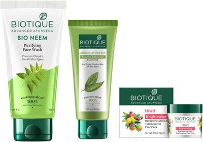 BIOTIQUE Neem Face Wash 150ml & Morning Nectar Scrub 100ml & Fruit Brightening Face Pack 75g(2 Items in the set)