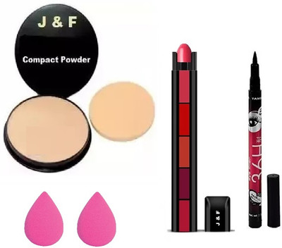 Zailie Face Compact Powder, 5 in 1 Red Lipstick, eyeliner, Sponge Puff ( 2 )(4 Items in the set)
