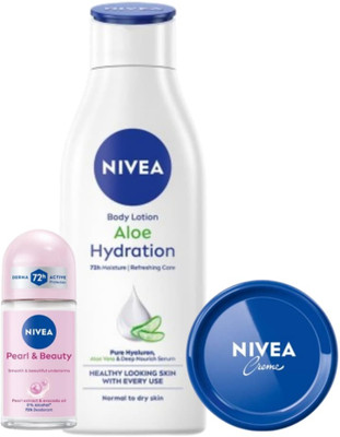 NIVEA Aloe Hyd 75ml Blue Creme 25ml Pearl Beauty 25ml Roll on(3 Items in the set)