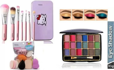 toroka Mini Eyeshadow With 7 pcs Pink Brushes And 6 different type of Puff(3 Items in the set)