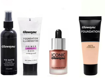 Glowsync Makeup combo of PRIMER+ FIXER+Foundation and Highlighter(4 Items in the set)