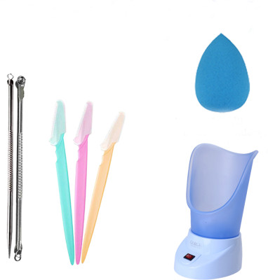 Gorgio Professional Facial Steamer machine, Blackhead Remover, Eyebrow Razors and Blender Sponge(4 Items in the set)