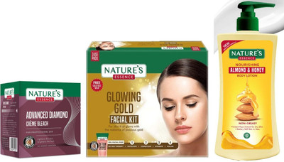 Nature's Diamond Cream Bleach (21g) Glowing Gold Facial Kit (60g) Nourishing Almond & Honey Body Lotion (400ml)(3 Items in the set)
