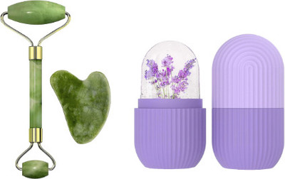 Kwaanie Jade Roller & Gua Sha Stone with Ice Roller for Face Reusable Facial Tool for Fine Lines, Glowing Skin(3 Items in the set)