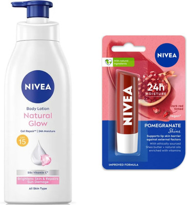 NIVEA NATURAL GLOW BODY LOTION 400 ML & POMEGRANATE SHINE LIP BALM 4.8G(2 Items in the set)