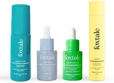 Foxtale 4 Step for Acne Routine | Acne Control Cleanser 100ml | Daily Hydrating Serum 30ml | AHA BHA Serum 30ml | Matte Sunscreen 50ml(2 Items in the set)