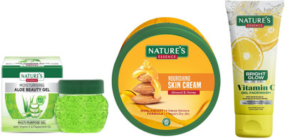 Nature's Moisturising Aloe Beauty Gel (100g)Nourishing Skin Cream Almond & Honey (400ml)Bright Glow Vitamin C Face Wash (50ml)(3 Items in the set)