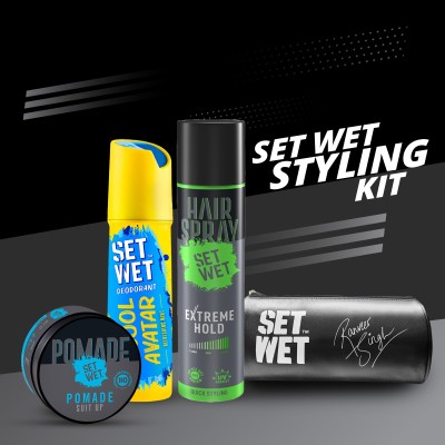 Compare SET WET Men's Styling Kit-Deodorant(150ml),Pomade(60g),Hair Spray  for Men(200ml) & Pouch Hair Wax (4) Price in India - CompareNow