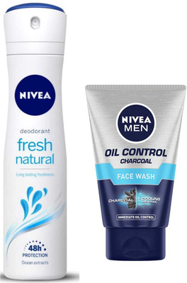 NIVEA FRESH NATURAL DEODORANT SPARY & OIL CONTROL CHARCOAL FACE WASH 100 ML(2 Items in the set)