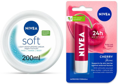 NIVEA Soft Cream 200ml lotion & Cherry Lipbalm Set of 2(2 Items in the set)