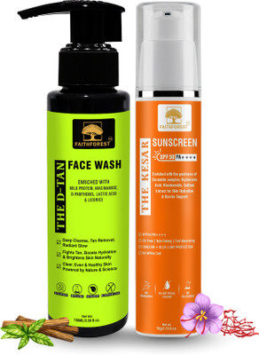 FaithForest D Tan Face Wash (100ml) & Kesar Sunscreen SPF 50 PA+++ (50g) Combo for Glowing, Tan Removal, Sun Protection(2 Items in the set)
